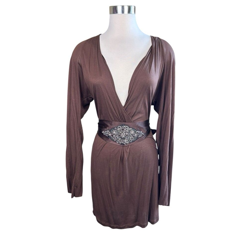 YFB Young Fabulous Broke Y2K Deep V Dress Silk Tie Back Sz S Brown RARE!